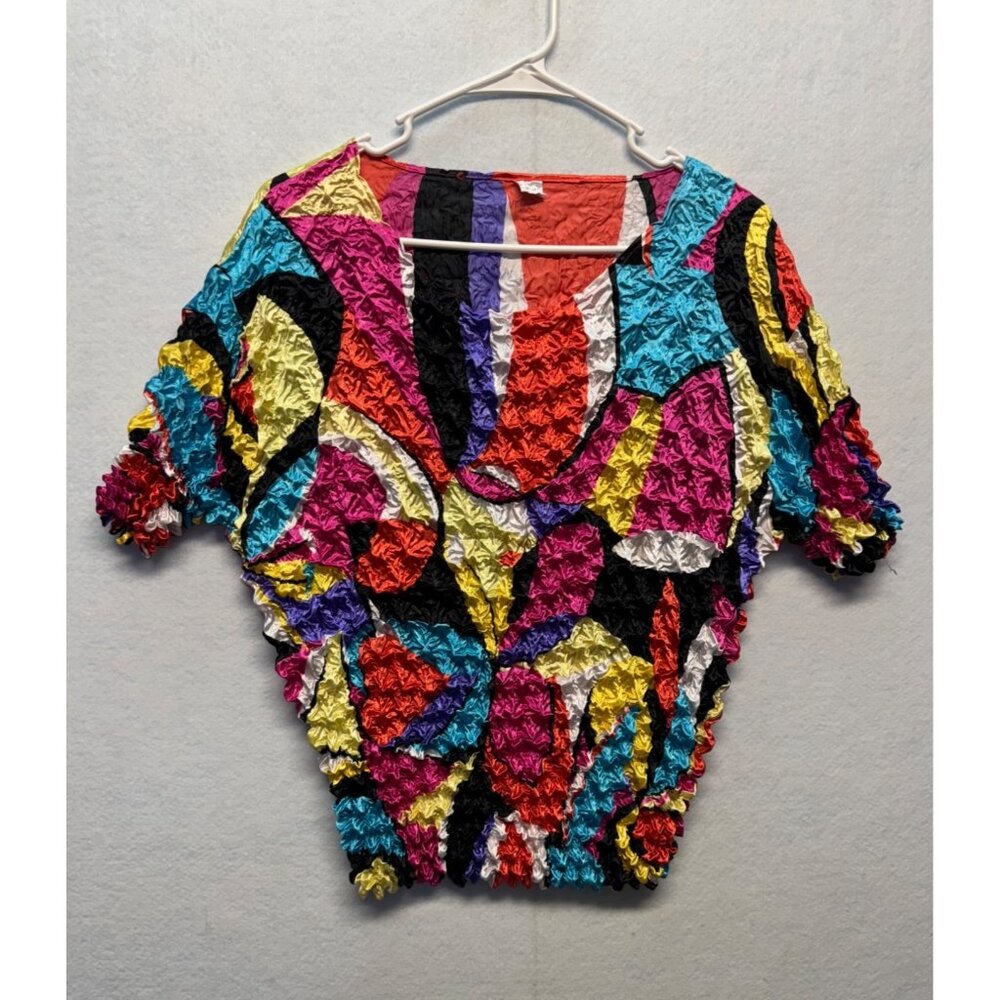 Colorful Multicolor Crinkle Shrug Top Abstract Pattern & Short Sleeves By F.C